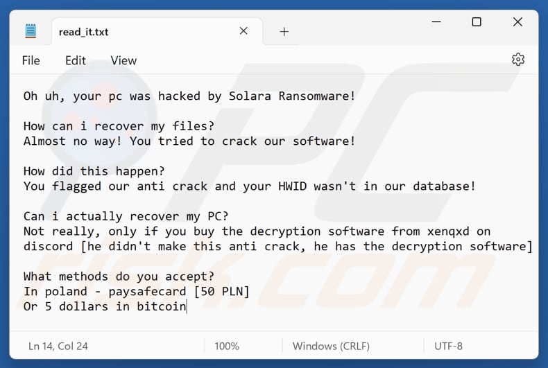 Plik tekstowy ransomware Solara (read_it.txt)