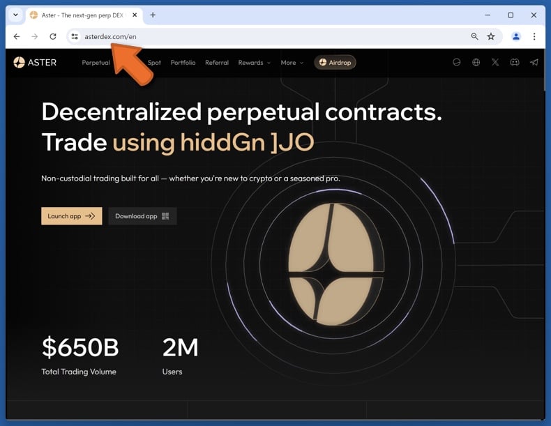 Wygląd prawdziwej strony internetowej Aster (asterdex.com)