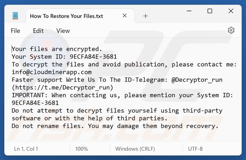 Plik tekstowy ransomware Bitco1n (How To Restore Your Files.txt)
