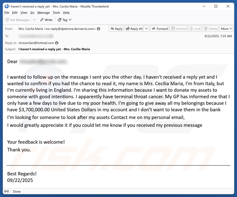 Kampania spamowa Darowizna dla osoby o dobrych intencjach