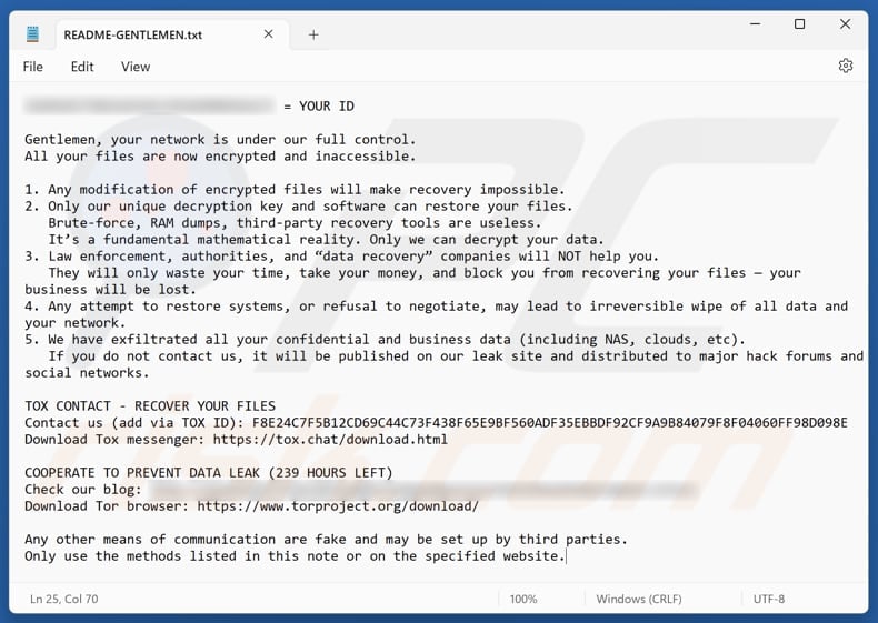 Plik tekstowy ransomware Gentlemen (README-GENTLEMEN.txt)