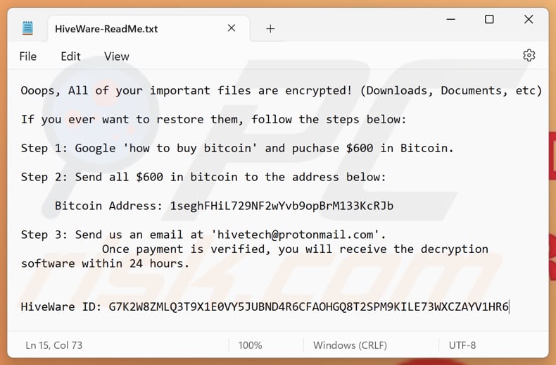 Plik tekstowy ransomware HiveWare (HiveWare-ReadMe.txt)