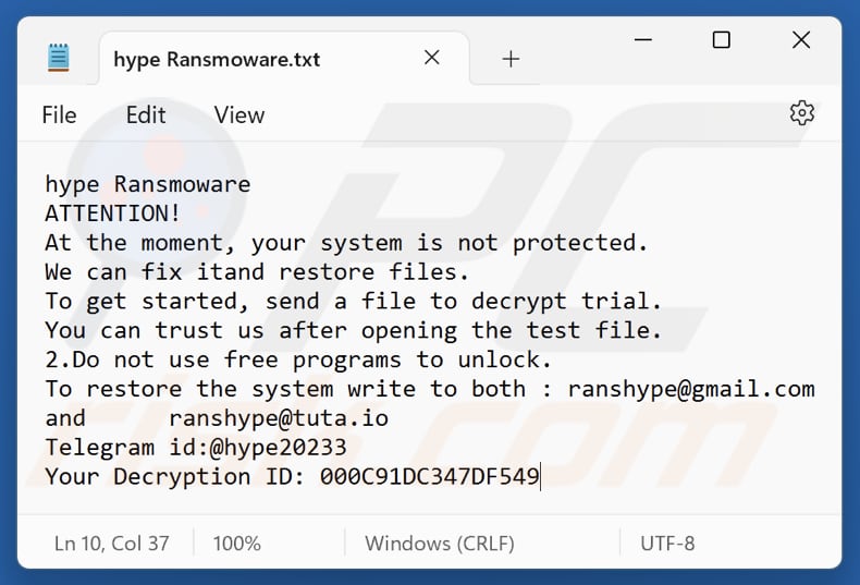 Plik tekstowy ransomware Hype (hype Ransmoware.txt)