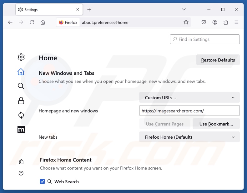 Usuwanie imagesearcherpro.com ze strony głównej przeglądarki Mozilla Firefox
