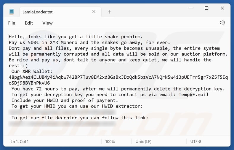 Lamia Loader ransomware ransom note (LamiaLoader.txt)