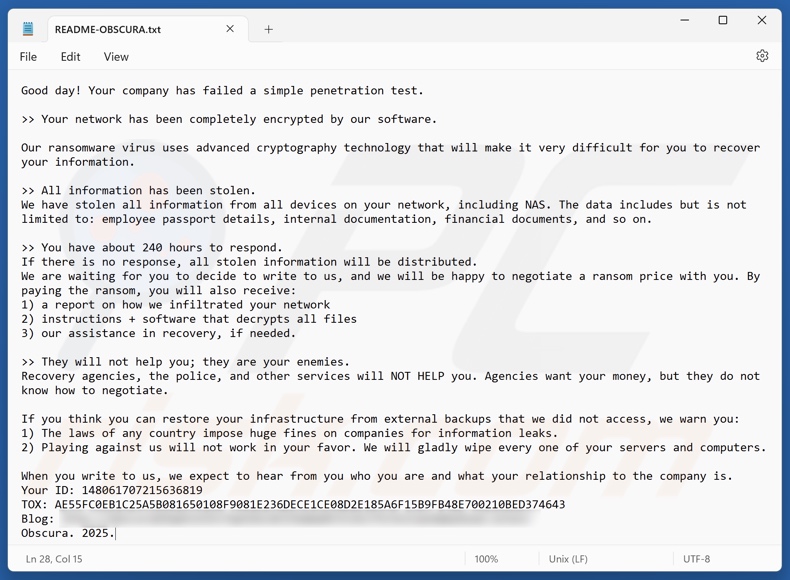 Obscura ransomware ransom note (README-OBSCURA.txt)