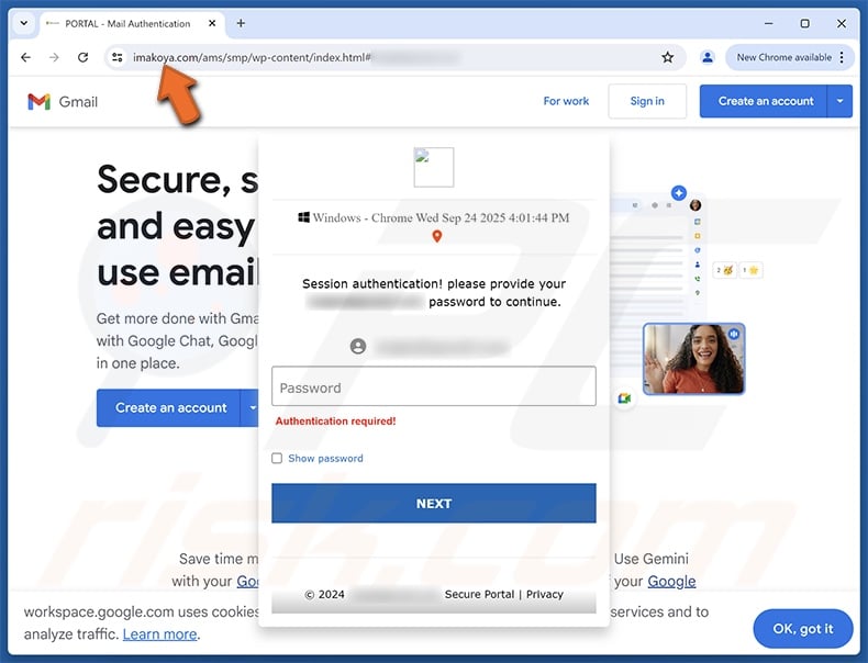 Witryna phishingowa promowana przez oszukańczą wiadomość e-mail „Pending Mails Alert”