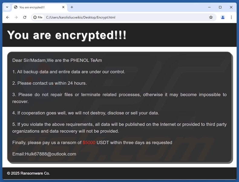 Notatka z żądaniem okupu ransomware Phenol (Encrypt.html)