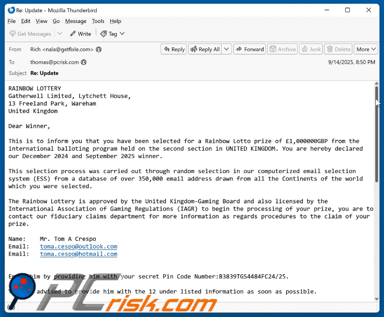 Wygląd wiadomości e-mail z oszustwem Rainbow Lottery (GIF)