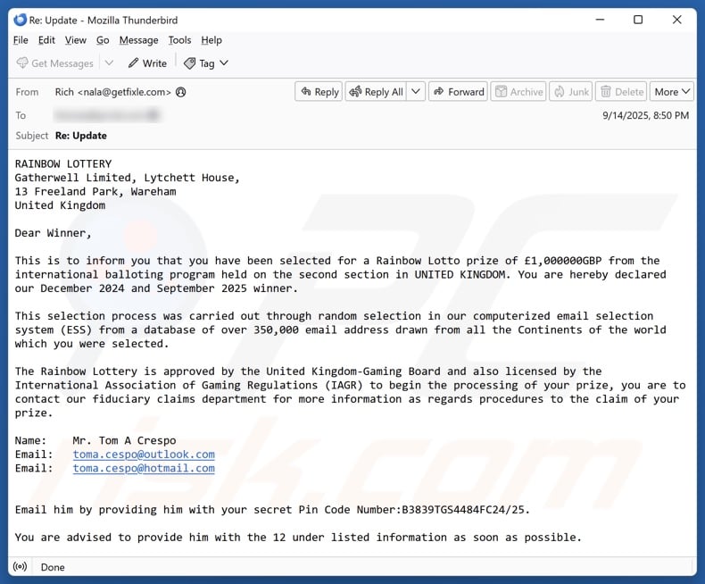 Kampania spamowa Rainbow Lottery