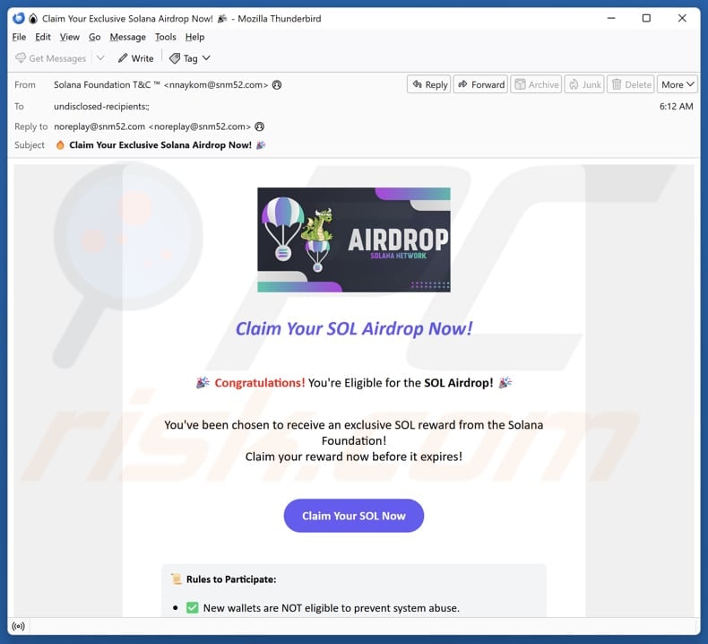 E-mail promujący oszustwo Solana Community Airdrop