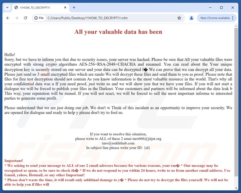 Żądanie okupu ransomware Taro (!!! HOW_TO_DECRYPT!!!.mht)