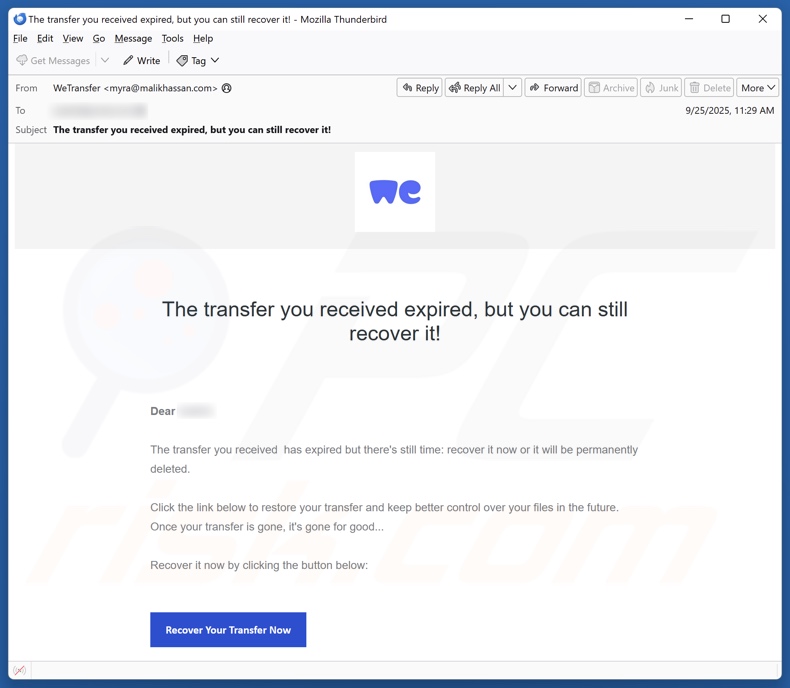 WeTransfer – kampania spamowa z wiadomością e-mail „Otrzymana przesyłka wygasła”