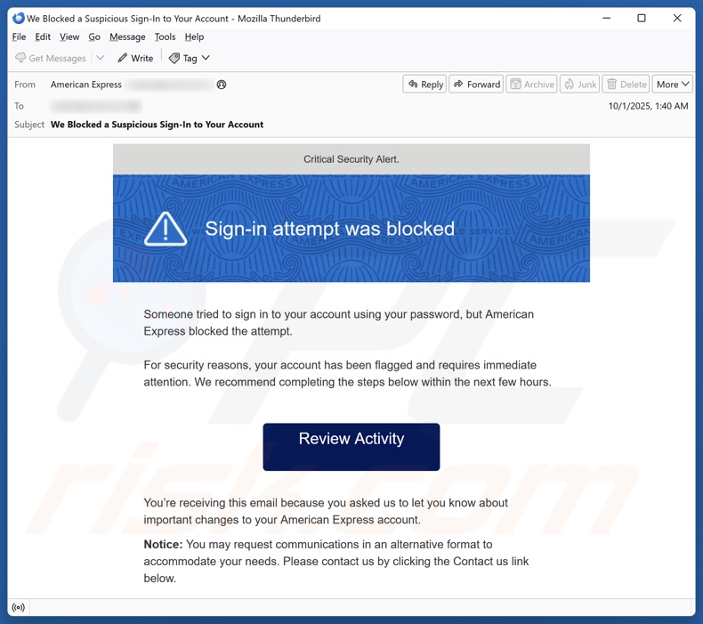 American Express - Sign-in Attempt Was Blocked kampania spamowa e-mailowa