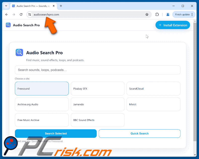 Audio Search Pro przeglądarka przekierowująca do audiosearchpro.com (GIF)
