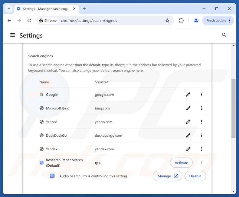 Usuwanie audiosearchpro.com z domyślnej wyszukiwarki Google Chrome