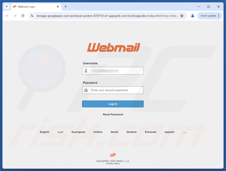 cPanel - Webmail Update Required oszustwo e-mailowe promujące stronę phishingową