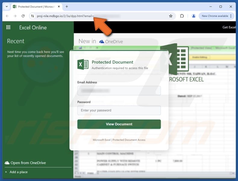 Strona phishingowa wykorzystywana w oszustwie e-mailowym Excel Online Manager