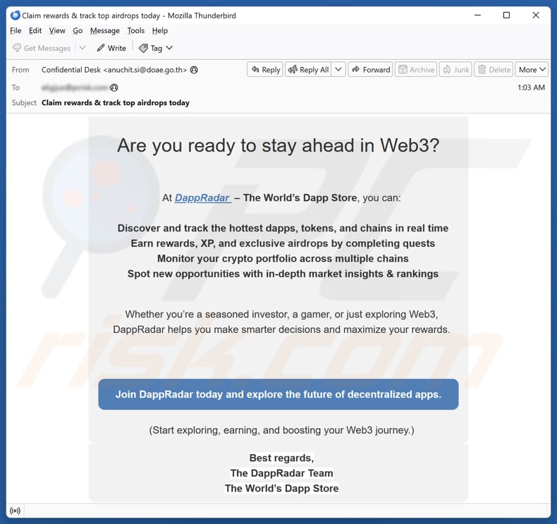 Fałszywa strona internetowa DappRadar promująca oszustwo w wiadomości e-mail