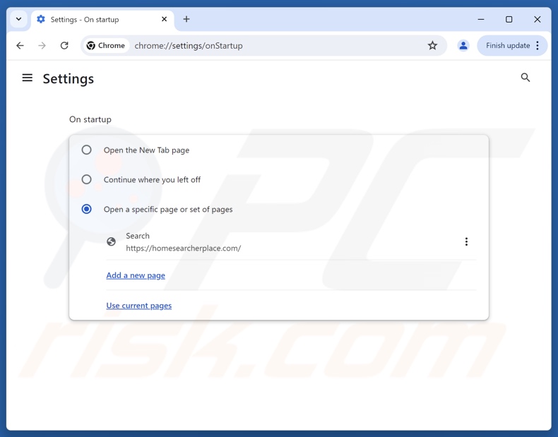 Usuwanie strony homesearcherplace[.]com ze strony głównej przeglądarki Google Chrome