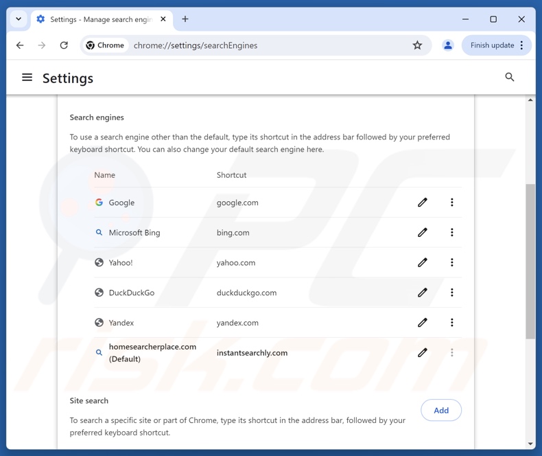 Usuwanie homesearcherplace[.]com z domyślnej wyszukiwarki Google Chrome