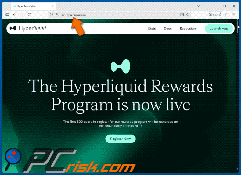 Wygląd fałszywej strony internetowej programu Hyperliquid Rewards (GIF)
