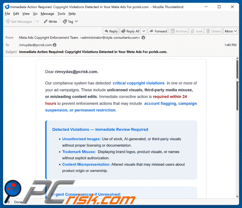 Meta Ads Critical Copyright Violations wygląd oszustwa