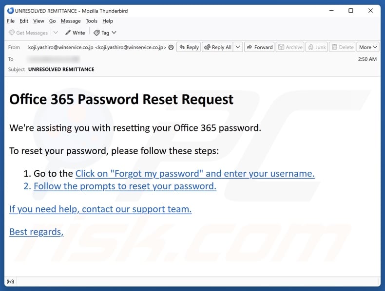 Office 365 Password Reset Request kampania spamowa