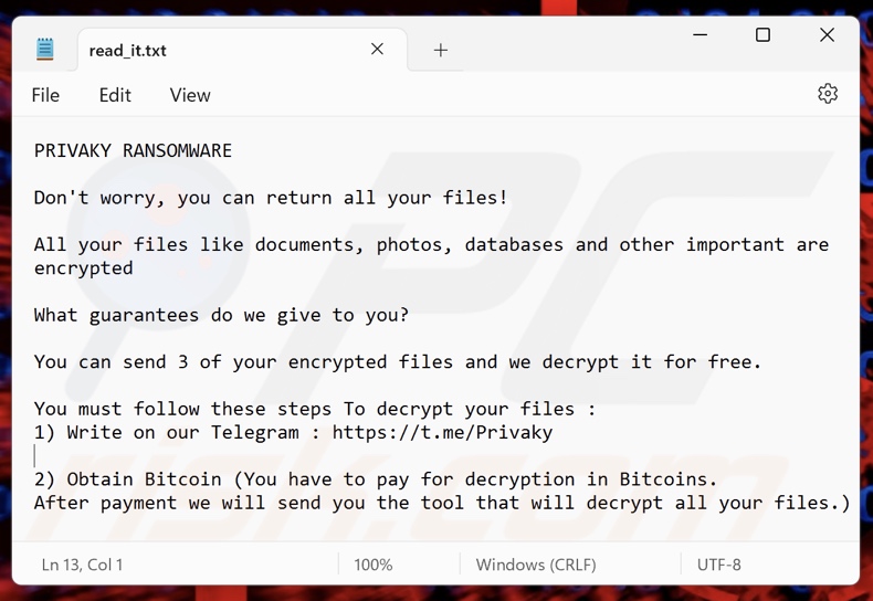 Notatka z żądaniem okupu ransomware Privaky (read_it.txt)