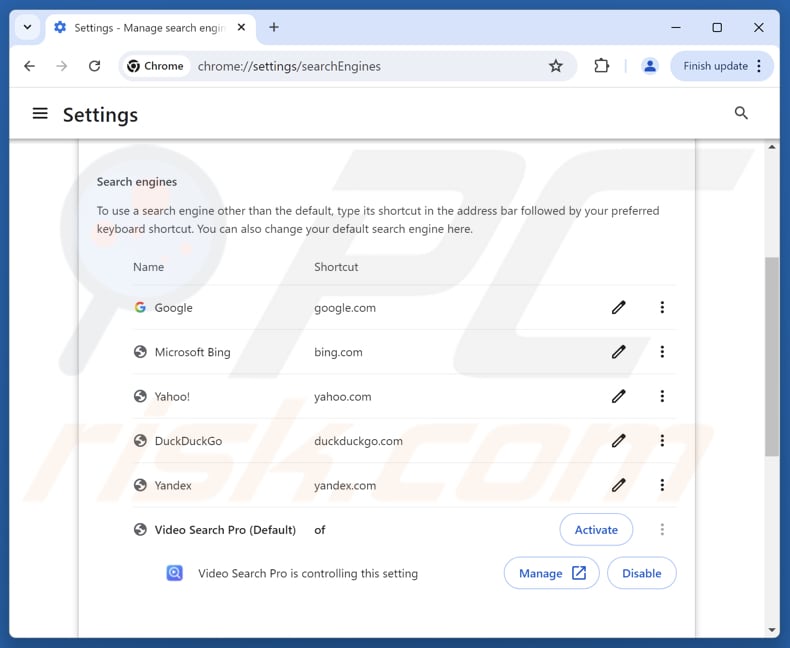Usuwanie videosearcherpro.com z domyślnej wyszukiwarki Google Chrome