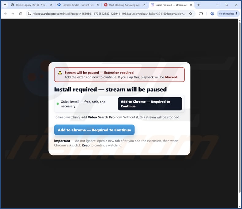 videosearcherpro.com przekierowanie zwodniczy promotor