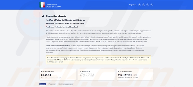 Pojawienie się oszustwa „Urządzenie zablokowane z powodu dostępu do nielegalnych treści” (wersja włoska)