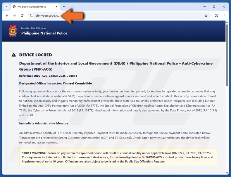 Device Locked Due To Access To Illegal Content oszustwo (wersja angielska)