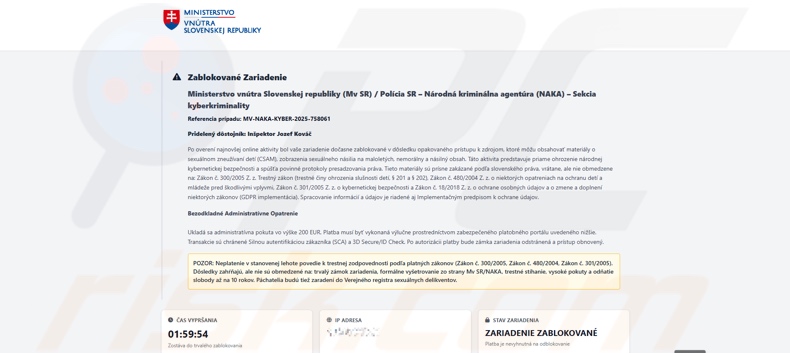 Pojawienie się oszustwa „Urządzenie zablokowane z powodu dostępu do nielegalnych treści” (wersja słowacka)