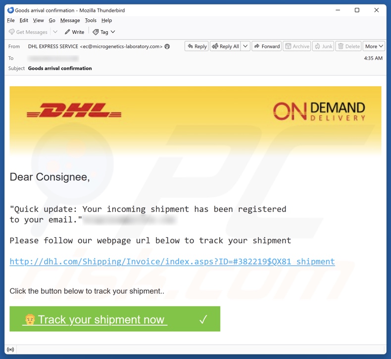 DHL - Shipment Registered To Your Email kampania spamowa