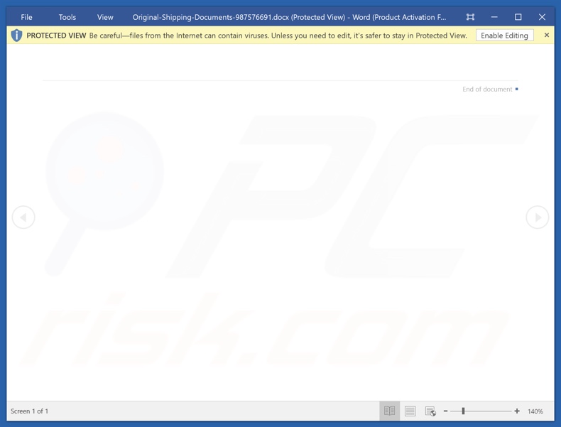 Złośliwy załącznik rozsyłany za pośrednictwem DHL – kampania spamowa Elektroniczne kopie dokumentów wysyłkowych (Original-Shipping-Documents-987576691.docx)