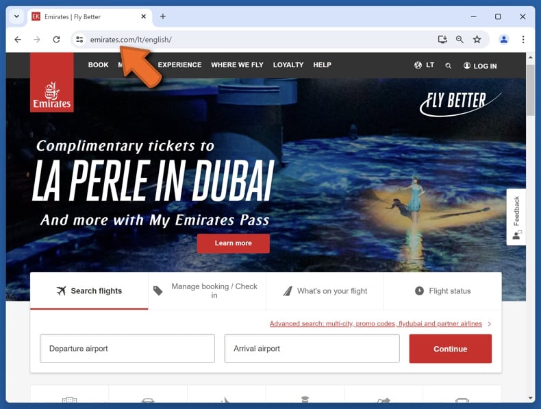 Wygląd prawdziwej strony internetowej Emirates (emirates.com)