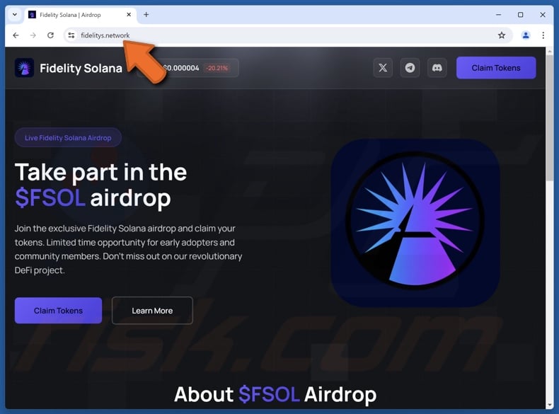 Fałszywy Fidelity Solana Airdrop website