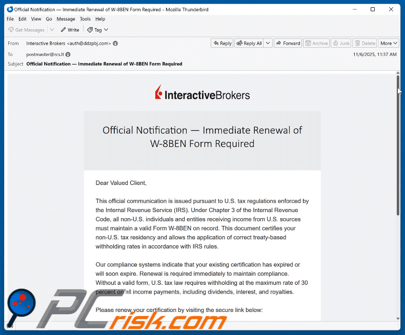 Interactive Brokers - Renewal of W-8BEN Form Required wygląd fałszywej wiadomości e-mail (GIF)