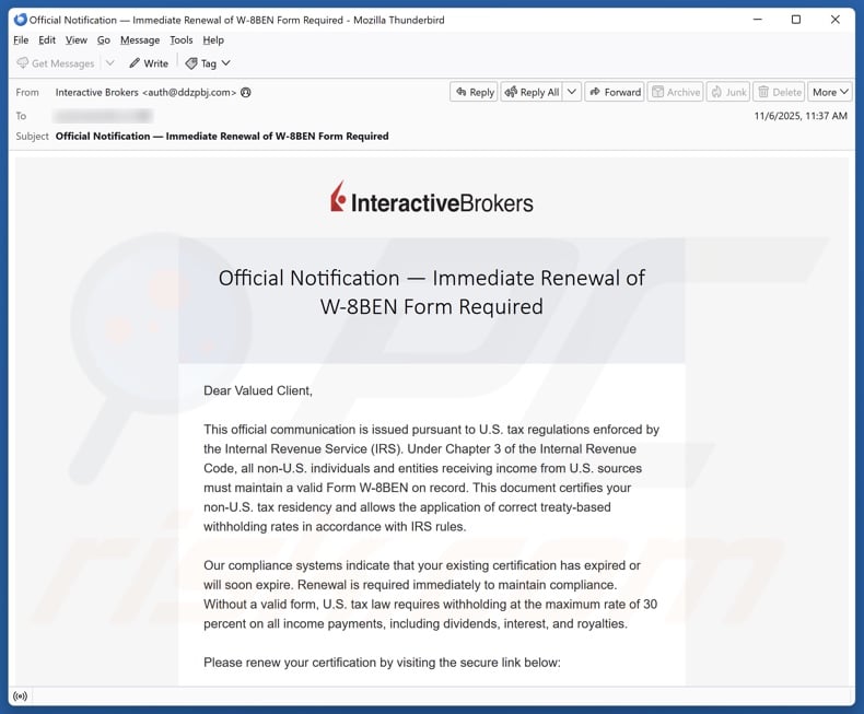 Interactive Brokers - Renewal of W-8BEN Form Required kampania spamowa