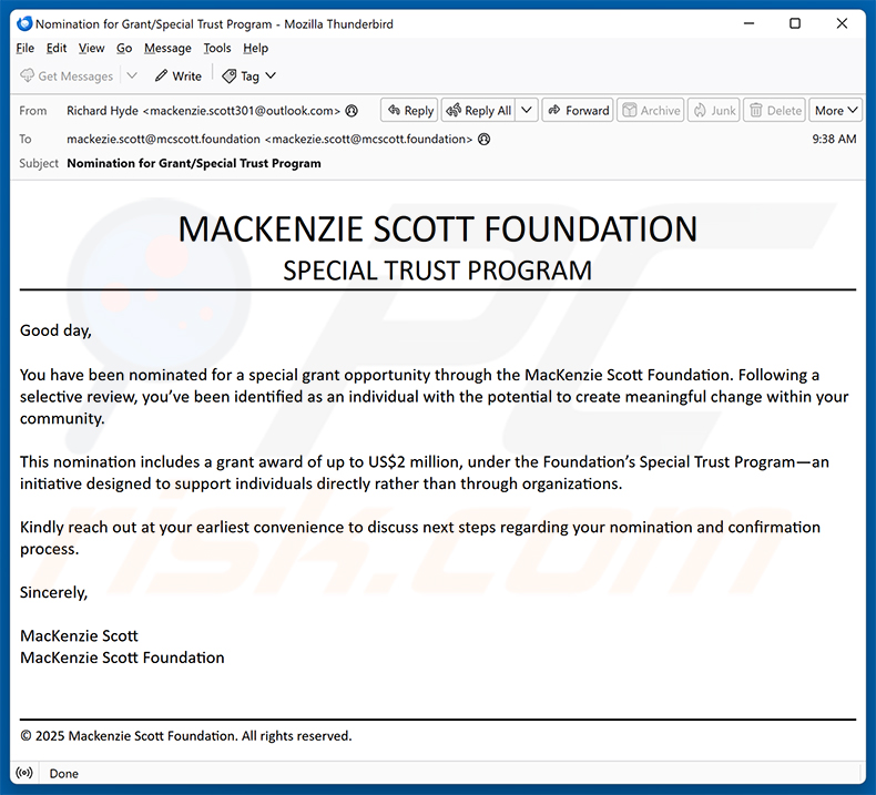Oszustwo e-mailowe Mackenzie Scott Foundation (2025-11-14)
