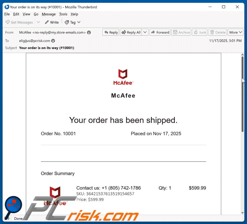 McAfee - Your Order Has Been Shipped wygląd fałszywej wiadomości e-mail (GIF)