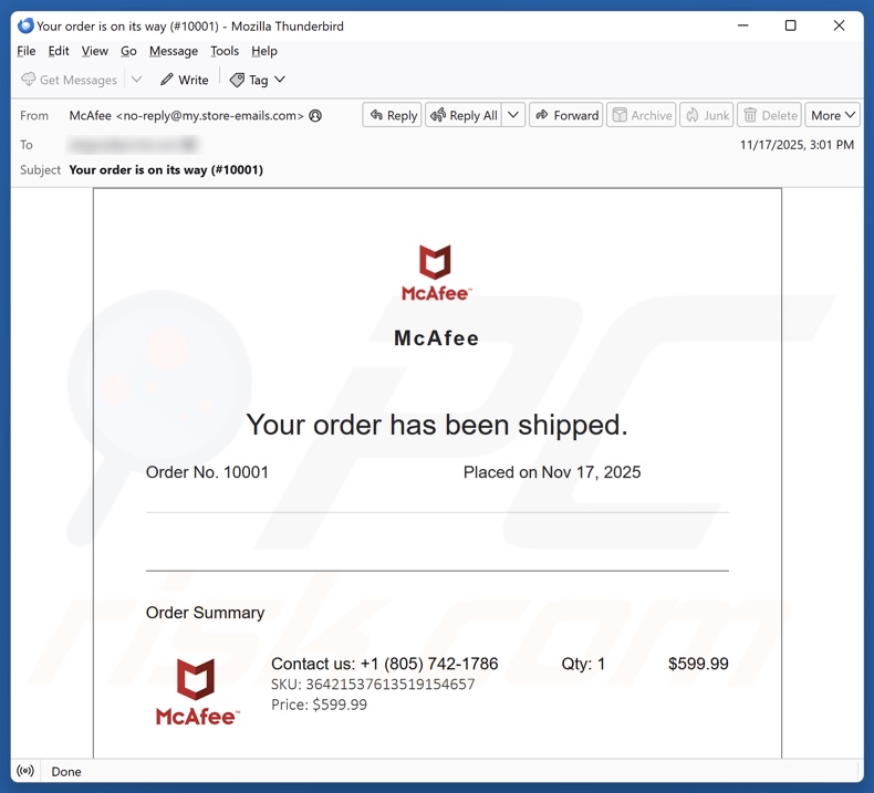 McAfee - Your Order Has Been Shipped kampania spamowa
