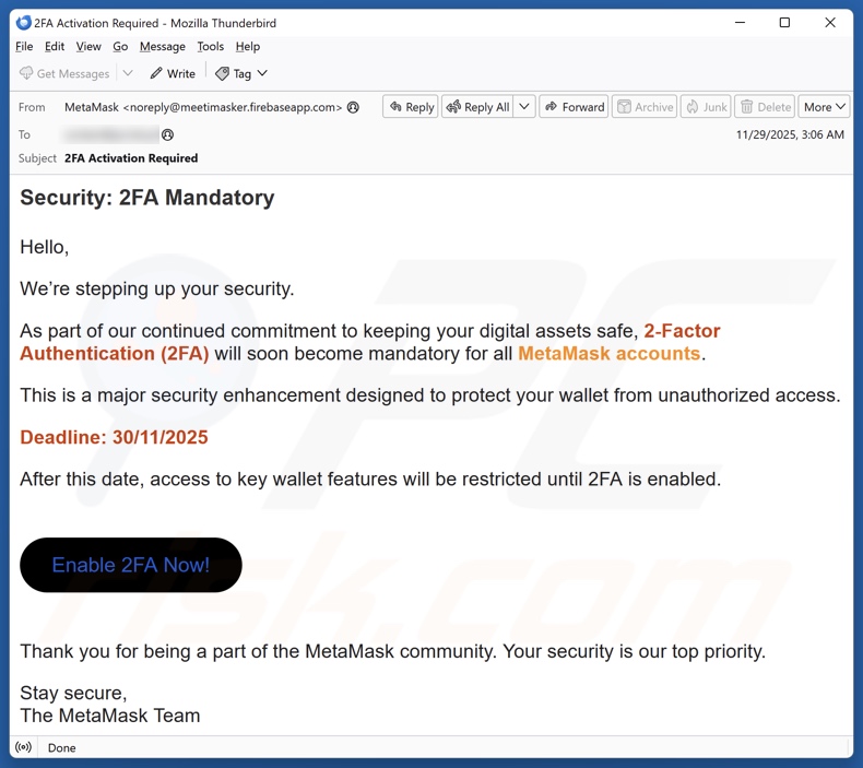 MetaMask 2FA Activation kampania spamowa