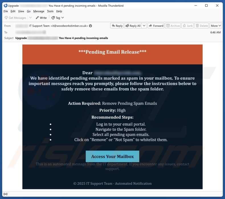 Pending Email Release kampania spamowa