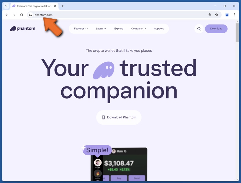 Wygląd prawdziwej strony internetowej Phantom (phantom.com)