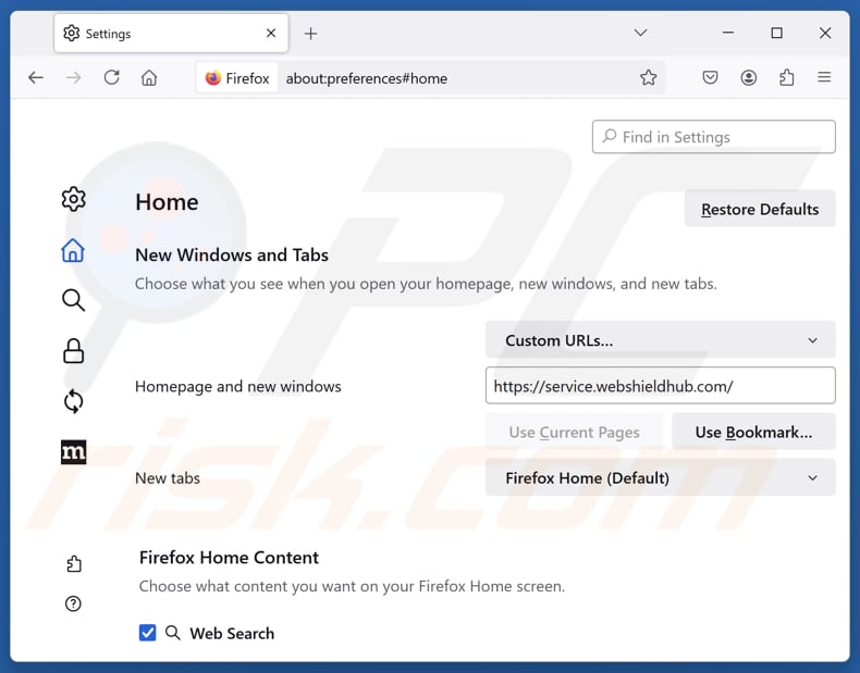 Usuwanie serwisu service.webshieldhub.com ze strony głównej przeglądarki Mozilla Firefox