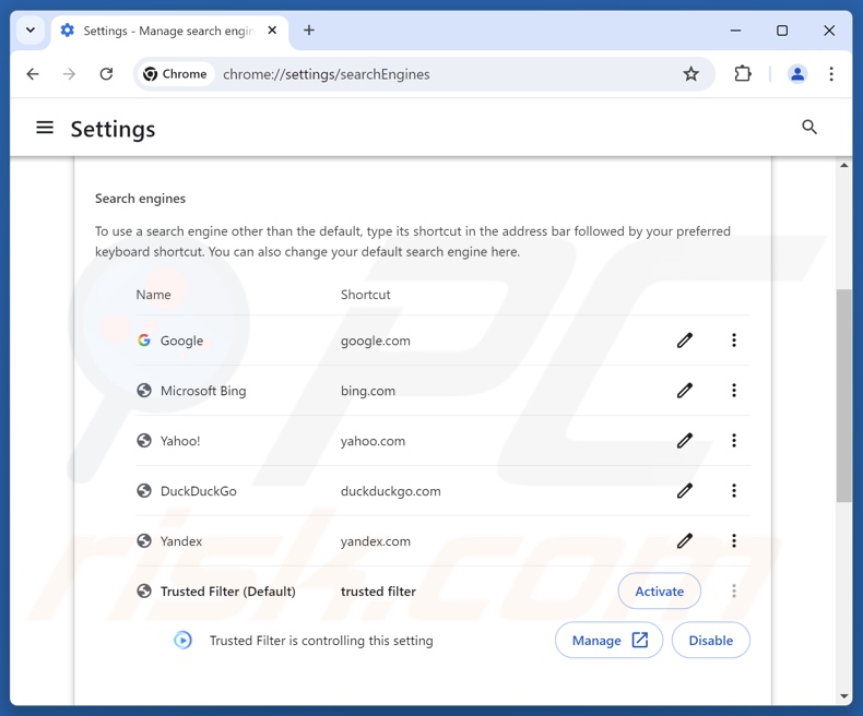 Usuwanie trustedfiltersearch.com z domyślnej wyszukiwarki Google Chrome