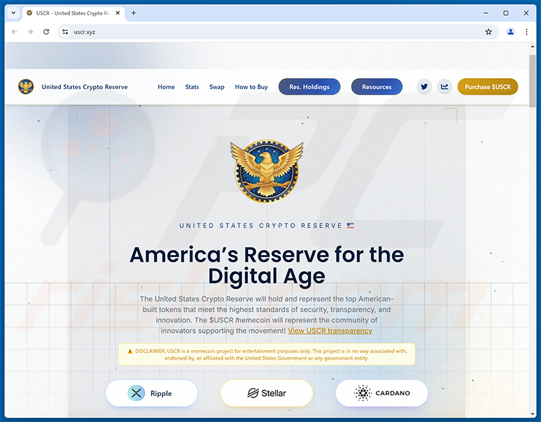 Prawdziwy United States Crypto Reserve ($USCR) website (uscr.xyz)