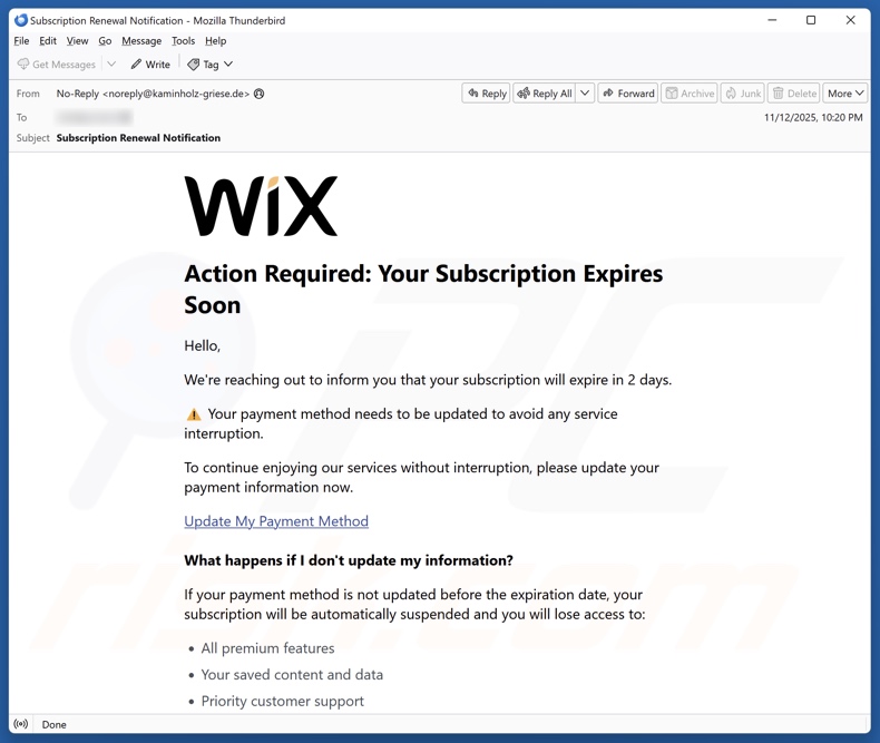 Wix Subscription Expiration kampania spamowa
